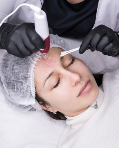 A woman sitting at the dermatologist getting a Microneedling treatment for Post-Inflammatory Erythema.