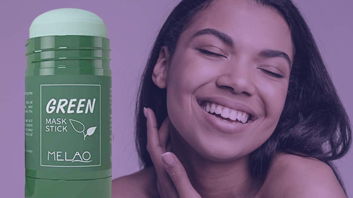 The image showcases two primary elements. On the left side, there's a product labeled "GREEN MASK STICK." The container is cylindrical and green in color, with white lettering. Below the product name, there's also a smaller text that reads "MELAO" and a minimalist leaf design, suggesting the product might be of natural origin or plant-based. On the right, there's a close-up portrait of a young woman with a radiant smile. She appears joyful, her eyes gently closed, expressing contentment. Her skin is smooth, and she's touching the side of her face with one hand, fingers elegantly poised. The background is in shades of purple, creating a soothing and harmonious contrast with the green of the mask stick and the natural tones of the woman's face.
