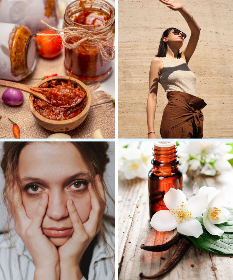 Some of the most common triggers for acne rosacea are spicy foods (top left), extreme hot or cold weather (top right), stress (bottom left) and even essential oils (bottom right). 