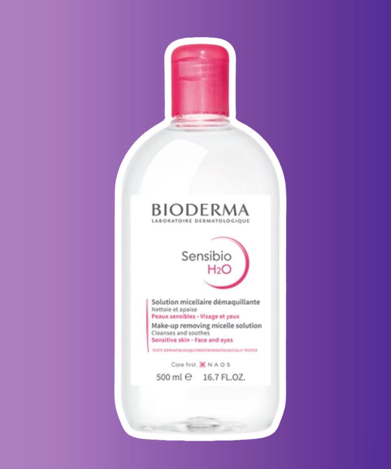 The iconic pink-capped Bioderma Sensibio H2O Micellar Water bottle, known for its gentle cleansing formula suitable for sensitive skin.