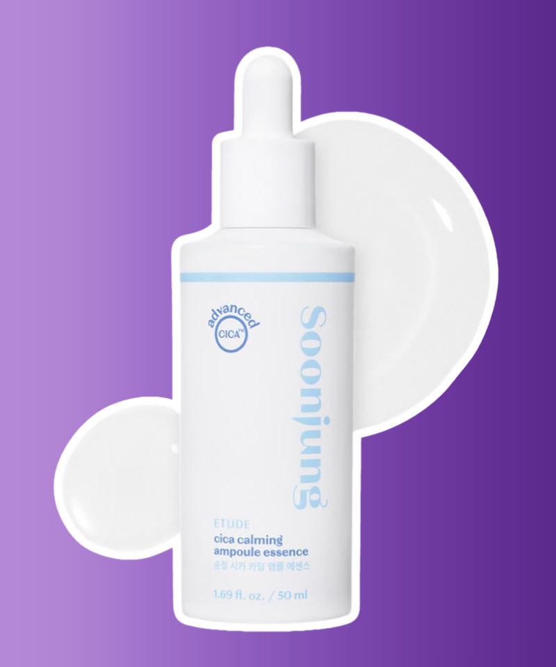 Image of ETUDE SoonJung Cica Calming Ampoule Essence, a soothing skincare product designed to calm and repair sensitive skin on Accutane, enriched with cica extract for gentle hydration and relief.