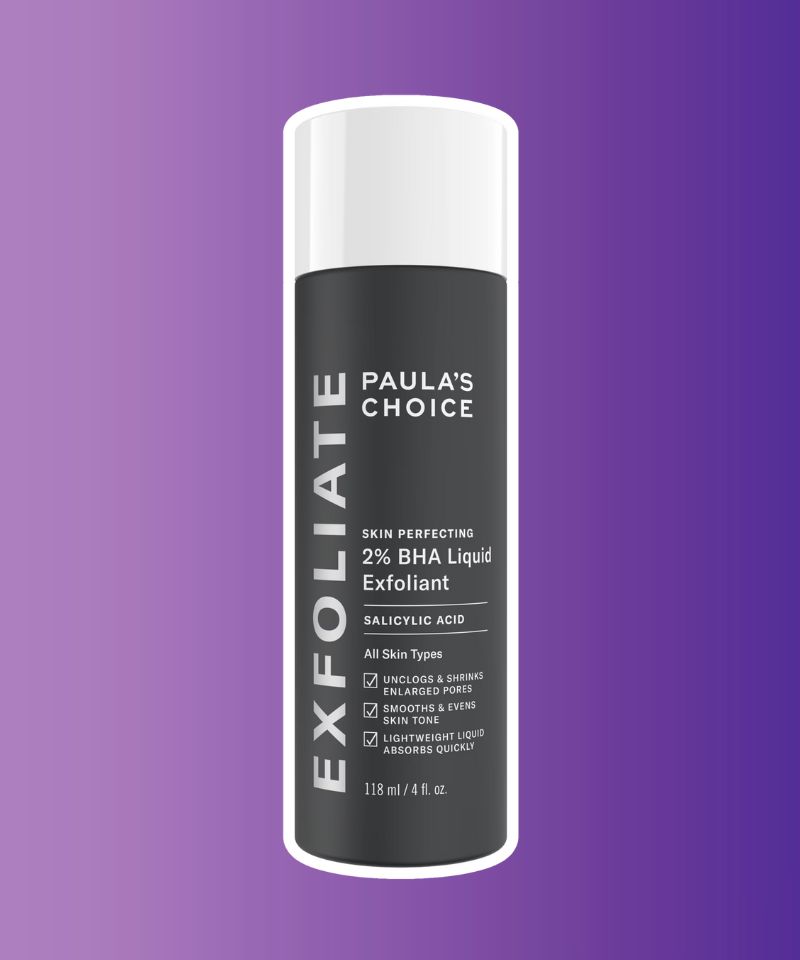 Highlighting the Paula's Choice Skin Perfecting 2% BHA Liquid Exfoliant, the product packaging, branding, and the active ingredients in the liquid exfoliant for skincare routines.