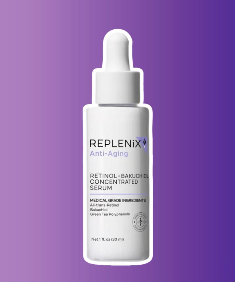 The Replenix Retinol+Bakuchiol Concentrated Serum is a gentle serum combining mild retinol and bakuchiol to target signs of aging and enhance skin radiance for a more youthful complexion without causing irritation or discomfort.